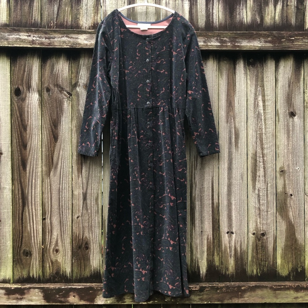 Vermont Country Store Corduroy Maxi Dress Size 1X Dark Paisley Pockets